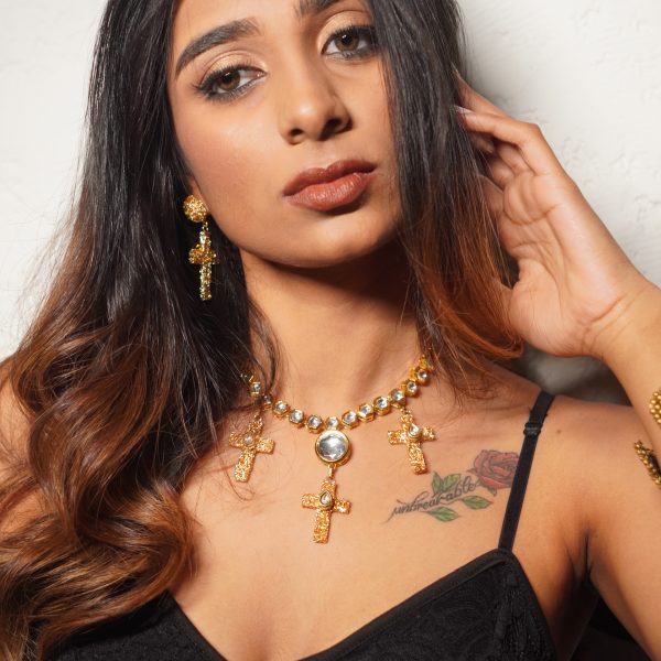 Celestial Cross Mesh Gold Earrings (RJE1334)